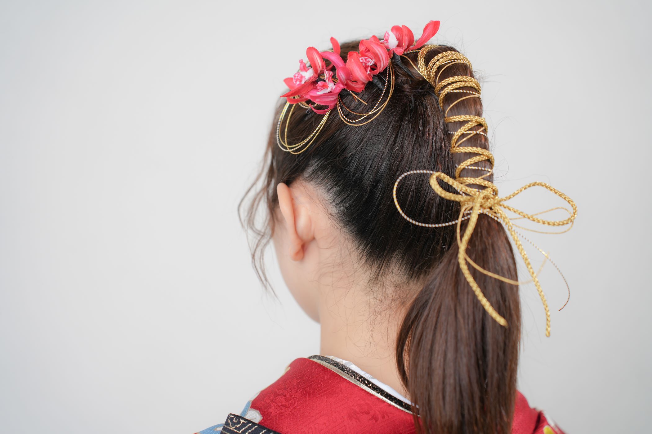 成人式　卒業式　髪飾り　編みおろし　ポニーアレンジ　水引　着物ヘア　振袖　袴